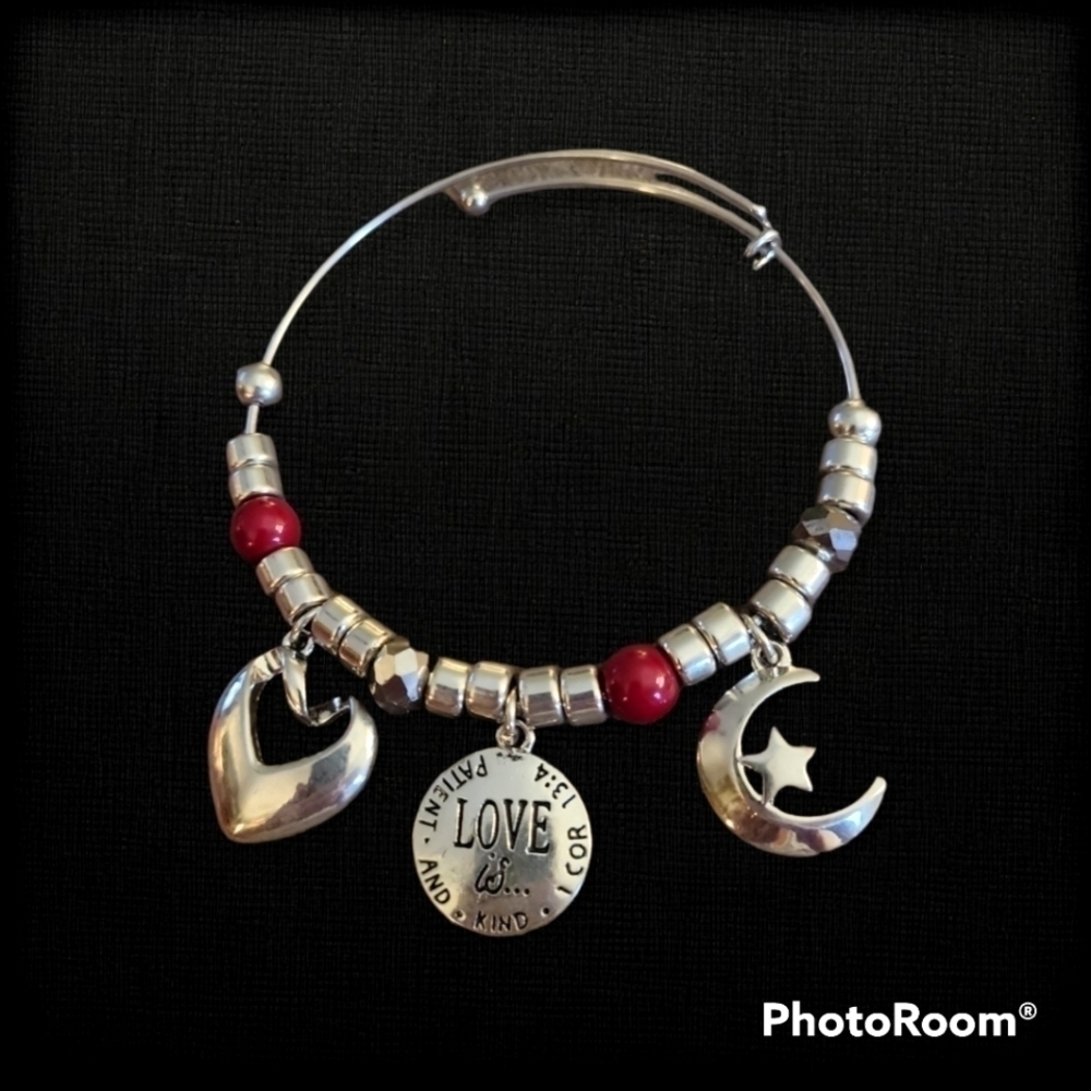 STAINLESS Steel Beaded Charm Christian Corinthians 13.4 Bangle Bracelet